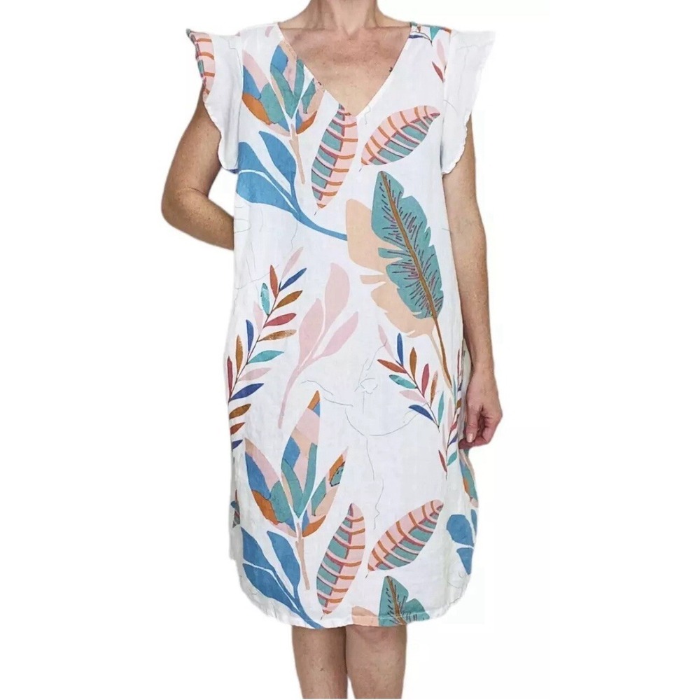 Cynthia Rowley Linen Coastal Ruffle Short Flutter Slv Midi Dress SZ 1X Tropical